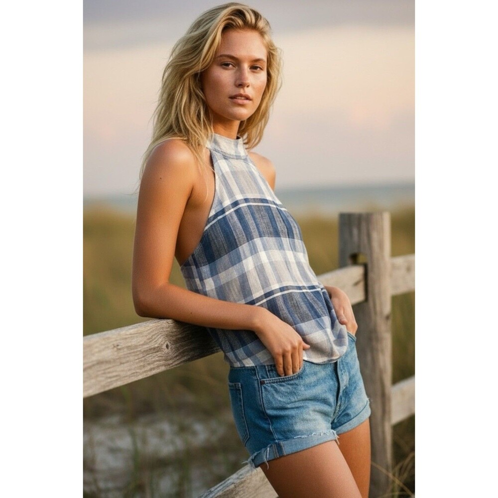 Cloth & Stone Anthropologie Tank Top Women's XS Blue Grey Striped Linen Blend